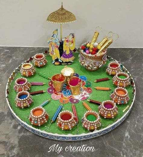 Fun Holi Crafts and Activities to Celebrate Festival of Colors • K4 Craft Holi Packing Ideas, Gangaur Decoration At Home, Navratri Thali Decoration, Navratri Aarti Thali Decoration Ideas, Holi Festival Decoration, Holi Decorations Ideas, Holi Ideas, Holi Decoration, Festival Packing