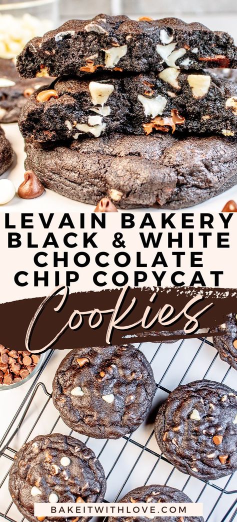 Levain Bakery black and white cookies pin with two images of the rich chocolate cookies made with extra dark cocoa powder and two types of chocolate chips. Levain Chocolate Chip Cookie, Chocolate Chip Cookie Levain, Bakery Style Chocolate Cookies, Bristol Farms Chocolate Chip Cookie Recipe, Large Thick Cookies, Levain Style Cookie Recipe, Levain Copycat Cookies, Guinness Cookies, Giant Chocolate Cookie