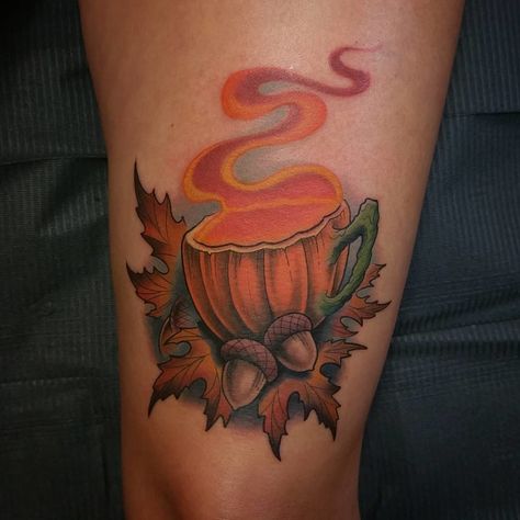 Pumpkin Tattoos, Shin Tattoos, Fall Tattoos, Fall Leaves Tattoo, Fall Tattoo, Coffee Cup Tattoo, Tea Tattoo, Fun Tattoo, Cup Tattoo