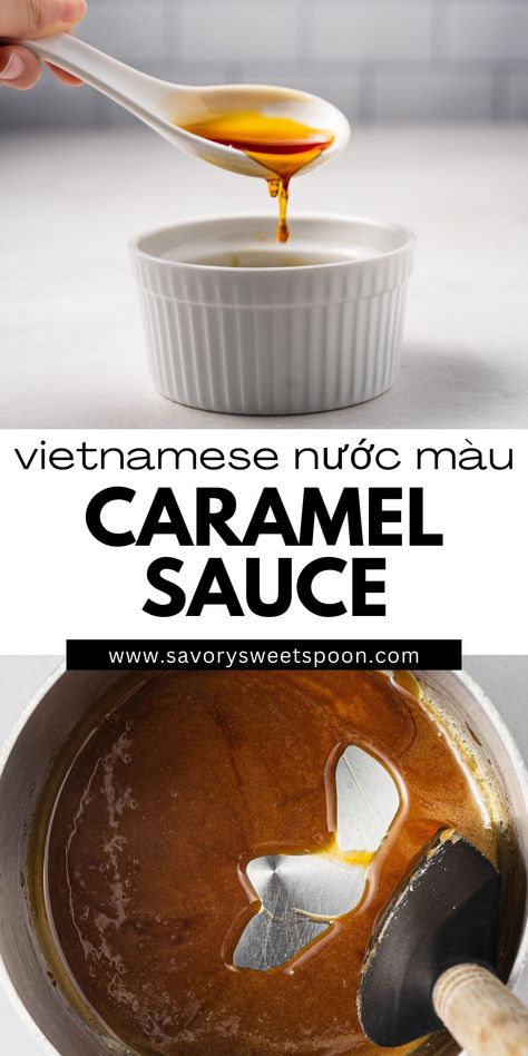 Vietnamese Caramel Sauce (Nuoc Mau) is made by cooking cane sugar until it forms an amber-colored liquid that thickens over time. It is used as a seasoning for braised dishes, like thit kho, grilled meats and other Vietnamese dishes. Braised Dishes, Thit Kho, Coconut Caramel Sauce, Spicy Chicken Tacos, Vietnamese Dishes, Caramel Recipes Sauce, Grilled Meats, Coconut Caramel, Spicy Dishes