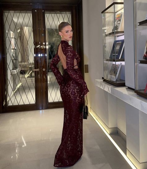 Holiday Gala Outfit, Red Gala Dress Classy, Corporate Party Outfit, Wedding Guest Dress Burgundy, Red Lace Dress Outfit, Burgundy Dress Outfit, Dress Pantsuit, Elevated Outfits, Burgundy Lace Dress