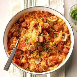 Spaghetti Squash & Sausage Easy Meal Recipe: How to Make It Potato Kielbasa Skillet, Chorizo Spaghetti, Sausage And Spaghetti Squash, Kielbasa Recipes, One Skillet Meals, Spaghetti Squash Recipes, Kielbasa, Skillet Meals, Chicken Sausage