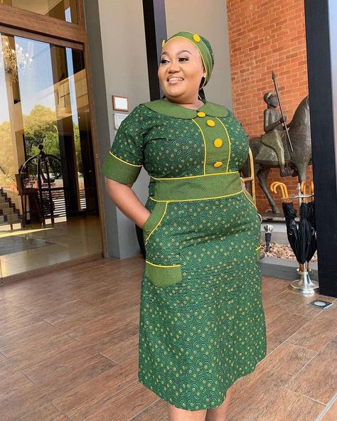 Bongiwe Walaza Dresses, Green Ankara Styles For Women, Green Shweshwe Dress, Green Seshweshwe Dresses, Leteisi Dress Patterns 2024, African Traditional Wear Dresses, Sotho Dresses, Tswana Traditional Attire, Shweshwe Dresses For Makoti