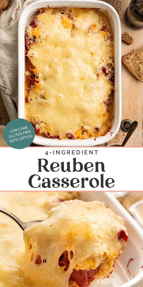 This Reuben casserole has the flavors of the classic sandwich, baked into a low carb casserole! With corned beef, sauerkraut, plenty of cheese, and creamy Russian or Thousand Island dressing, it only takes 30 minutes to make this recipe, with only 5 minutes prep! Sourkrout Recipes, Corned Beef Leftovers, Low Carb Casserole, Casserole Low Carb, Reuben Casserole, 40 Aprons, Canned Corned Beef, Corned Beef Sandwich, Corned Beef Recipes