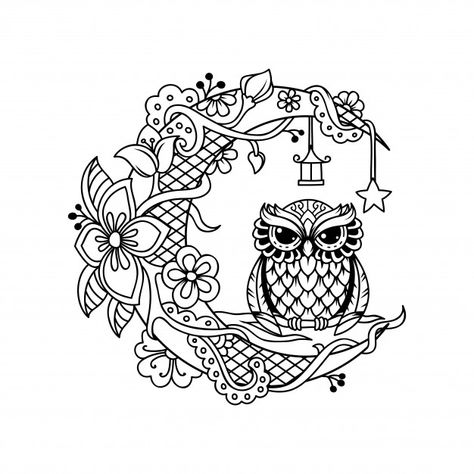 Owl Neck Tattoo, File Illustration, Moon Decoration, Patchwork Tattoo, Owl Artwork, Laser Cut Cards, Owl Tattoo Design, Floral Moon, Moon Drawing