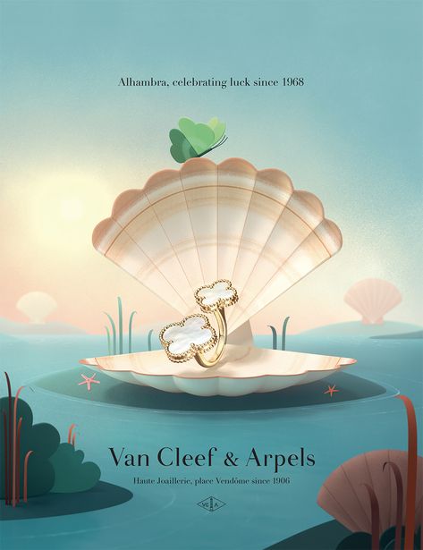 Van Cleef Jewelry, Van Cleef Alhambra, Jewelry Banner, Jewellery Advertising, Van Cleef And Arpels Jewelry, Creative Jewelry Photography, Van Cleef & Arpels, Creative Advertising Design, Jewelry Illustration