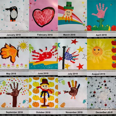 Infant Calendar Ideas, Calendar Crafts For Kids Preschool, Kids Calendar Ideas Diy, Toddler Calendar Ideas, Handprint Art Calendar, Diy Handprint Calendar, 12 Month Handprint Calendar, Handprint Calander, Handprint Calendar Preschool 2025