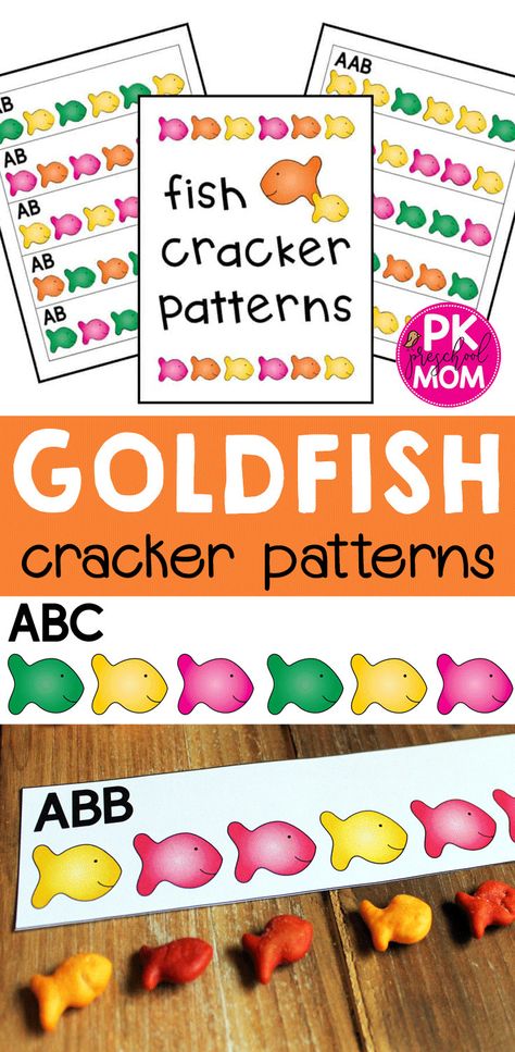 Free Goldfish Pattern Cards! Teach your students about patterns with this set of free goldfish pattern strips.  This activity uses rainbow goldfish to teach children to recognize and label different patterns (AB, ABB, ABC) Goldfish Math Preschool, How To Teach Patterns Preschool, Pattern Ideas For Preschoolers, Ocean Patterns Preschool, Abc Patterns Preschool, Abc Crafts For Toddlers, Goldfish Template, Pattern Cards Preschool, Rainbow Goldfish