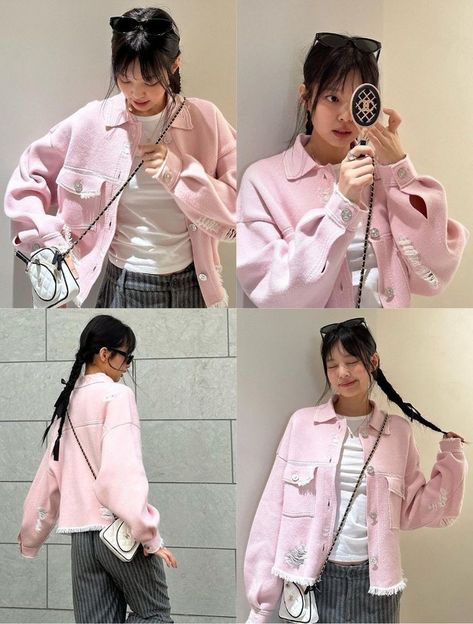 Jennie Wearing Pink, Coated Jeans Outfit, Jennie Pink, Jennie Fashion, Miss Girl, Jennie Kim Blackpink, Pink Coat, Jairzinho, Jennie Kim