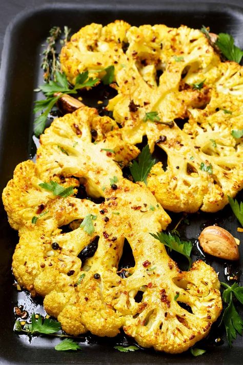 Oven Roasted Cauliflower Steak with Parmesan Recipe Sides For Fried Fish, Baked Cauliflower Steaks, Fried Fish Dinner, Best Roasted Cauliflower, Buffalo Cauliflower Recipes, Steak And Chips, Best Sides, Cauliflower Steak, Roasted Cauliflower Steaks