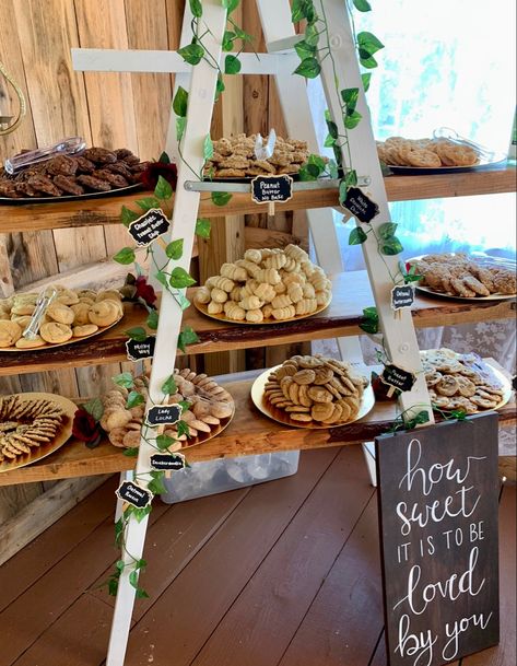 Diy Dessert Table Display, Ladder Shelf Dessert Display, Dessert Ladder Wedding, Brownie Wedding Display, Cookie Display At Wedding, Pennsylvania Wedding Cookie Table, Wedding Cookie Dessert Table, Wedding Sweet Treats Table, Cookie Tiered Display