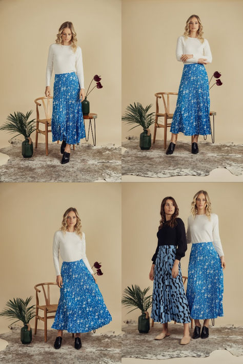 Modest fashion, modest wear, modest skirt, modest outfit, modest woman wear Blue Floral Design, Cover Band, Resort Collection, Elevate Your Style, Modest Fashion, Pleated Skirt, Blue Floral, Sky Blue, Blue Sky