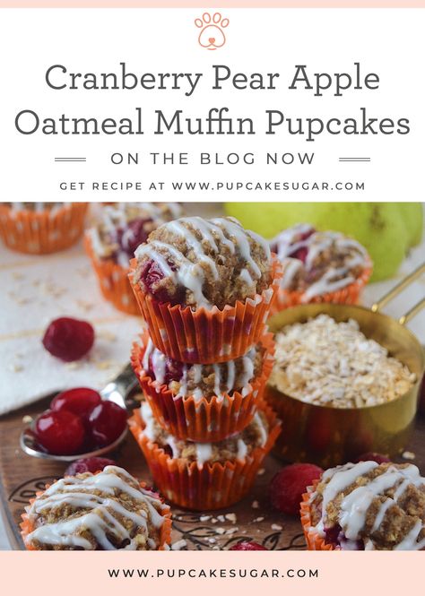 Macaroons For Dogs, Dog Birthday Parties, Pupcake Recipe, Pup Treats, Oatmeal Muffin, Apple Oatmeal Muffins, Puppy Cupcakes, Cranberry Pear, Dog Treat Recipe