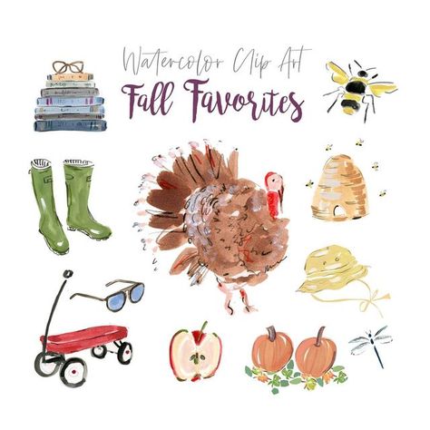 Beth Briggs | Fashionable Illustrations on Instagram: "Hello friends! I just added a new clip art collection to my Etsy shop: “Fall Favorites”. Create invites, stationery, planners or social media announcements with my whimsical graphics! See link in bio or stories. Gobble gobble! 🦃" Calendar Art Ideas, Hush Art, Watercolor Turkey, Beth Briggs, Thanksgiving Watercolor, Autumn Clip Art, Thanksgiving Clip Art, Art Thanksgiving, Fall Clip Art