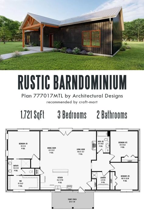 You will enjoy the clarity of this functional barn-style floor plan! The great room, dining room, and kitchen merge into one space to create a comfortable area for family and friends to enjoy while French doors take you outside. An open gable with decorative trusses adds rustic character to this small barndominium. Small Rustic Barndominium, Medium Sized Barndominium, Outside Of Barndominium, House Plan With Kitchen In Front Layout, Low Cost Barndominium, Barndominium Layout Floor Plans, Log Cabin Barndominium, Mini Barndominium Floor Plans, Decorative Trusses