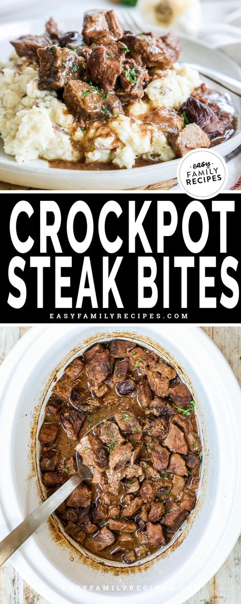 Whip this up for dinner tonight and see why it’s one of my family’s FAVORITE steak recipes! You’ve never had steak bites so tender and flavorful—and the crockpot does all the work! Just add the ingredients to your slow cooker, turn it on, and in a few hours you’ll have juicy steak bites and delicious au jus for spooning over mashed potatoes or sopping up with a crusty piece of bread. You’re going to love this easy, kid-friendly slow cooker meal! Crock Pot Steak Bites, Crockpot Steak Bites, Crock Pot Steak, Crockpot Steak Recipes, Slow Cooker Steak, Crockpot Steak, Steak Bites Recipe, Au Jus Gravy, Sirloin Steak