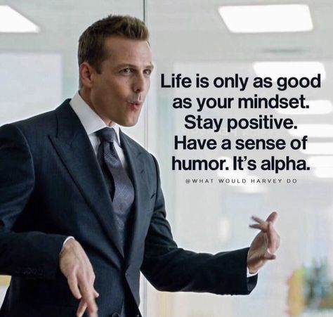 ‘Life is only as good as your mindset.  Stay positive.  Have a sense of humor.  It’s alpha.’ Suits Quotes, Harvey Specter Quotes, Stay Positive Quotes, Gentleman Quotes, Harvey Specter, Stay Positive, New Quotes, Staying Positive, Inspiring Quotes About Life