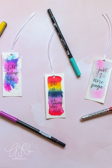 I can't believe these watercolor bookmarks were made without using paint! Totally genius idea to use markers as watercolor paint and create a totally unique bookmark craft.  #watercolor #easycrafts #bookmarks #diyproject #booklover #giftidea #byamandakay Easy Watercolor Bookmarks, Diy Watercolor Bookmarks, Amanda Kay, Brush Lettering Tutorial, Brush Lettering Practice, Crayola Markers, Chalk Lettering, Bookmark Craft, Hand Lettering Inspiration