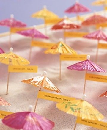 Parasol Seating Cards | Community Post: 20 Creative Wedding Seating Cards Creative Seating Cards, Summer Bridal Shower Favors, Bridal Shower Favors Diy, Wedding Seating Cards, Cocktail Umbrellas, Tropical Bridal, Tropical Bridal Showers, Napa Wedding, Seating Cards