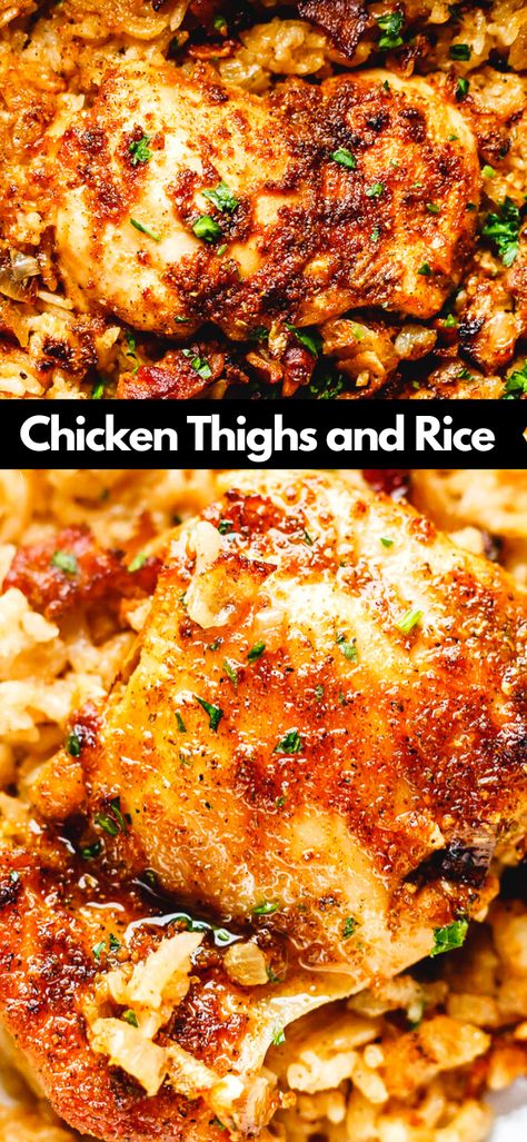 Chicken Thighs And Rice Casserole, Chicken Thigh And Rice Recipe, Chicken Thigh Casserole, Chicken Thighs And Rice, Easy Chicken Thighs, Oven Baked Chicken Thighs, Casserole Chicken, Chicken Rice Casserole, Delicious Rice