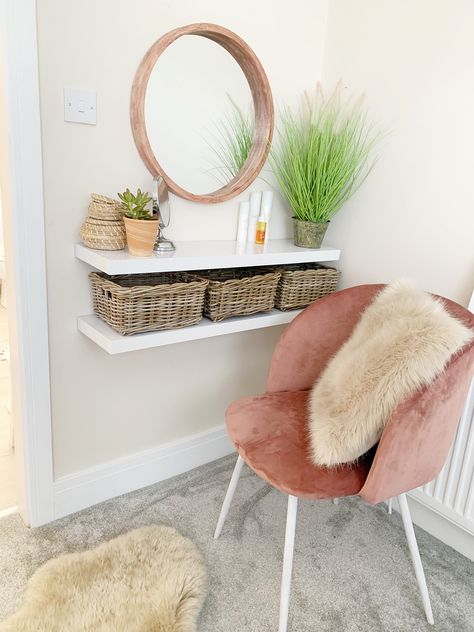 Easy diy dressing table with floating shelves and Ikea baskets warm neutrals, dulux natural hessian Shelf Dressing Table, Floating Dressing Table, Diy Dressing Tables, Shelf Dressing, Pallet Deck Diy, Diy Dressing, Pallet Deck, Small Dressing Table, Deck Diy