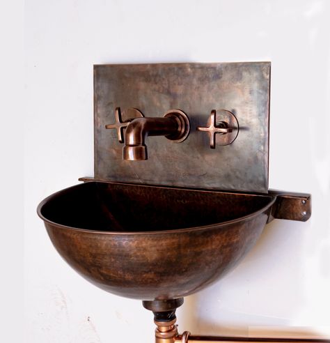 Mounted Bathroom Sink, Hammered Copper Sink, Copper Sink Bathroom, Copper Bathroom, Wall Mount Sink, Wall Mounted Sink, Brass Sink, Brass Patina, Copper Pendant Lights