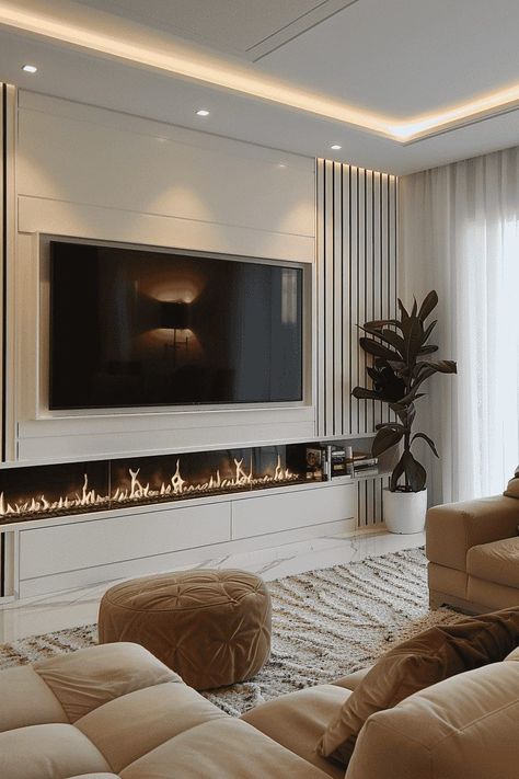 Unusual Media Wall, 2 Tone Fireplace Wall, Minimalistic Fireplace Design, Large Media Wall Ideas, Custom Media Wall, Linear Fireplace With Tv Above Built Ins, Neutral Media Wall, Long Fireplace Wall, Living Room Tv Wall With Fireplace