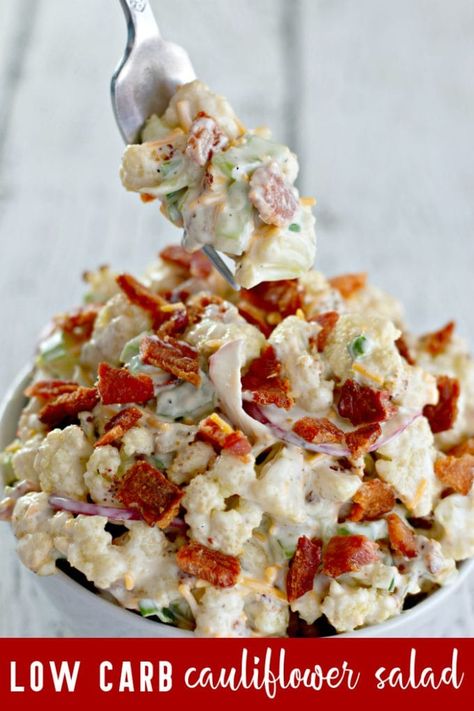 30+ of the Best Keto Recipes - Kitchen Fun With My 3 Sons Loaded Cauliflower Salad, Vegetable Salads, The Best Salad, Best Salad, Loaded Cauliflower, Bacon And Cheese, Cauliflower Salad, Low Carb Sides, Kitchen Fun