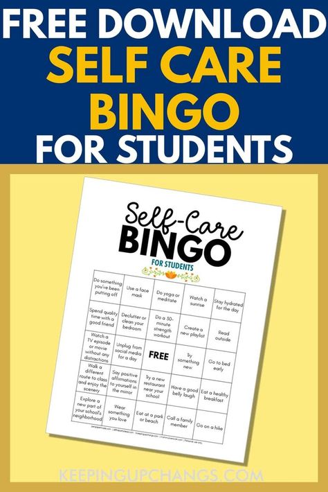 Free SELF CARE BINGO CHALLENGE FOR STUDENTS printable. Encourage positity and mental health and wellness by giving yourself the tender loving care and attention you deserve. Easy to DIY instant digital download. Great way to reset when feeling the onset of burnout from juggling school, home, work, and your social life. For middle school, high school, college. Student Self Care, Self Care Bingo, Bingo Challenge, High School Health, School Wellness, Health Lesson Plans, Middle School Lesson Plans, Mental Health Activities, High School Activities