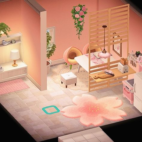 Acnh Pink Interior, Animal Crossing Room Ideas Kitchen, Animal Crossing Room Ideas Pink, Animal Crossing House Interior Ideas Pink, Animal Crossing Pink Interior, Acnh Pink House Exterior, Acnh Sanrio Room, Animal Crossing Bedroom Ideas Pink, Acnh Bed Design