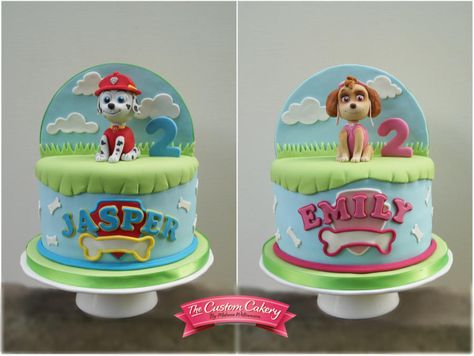 Paw Patrol Double Sided Cake  by The Custom Cakery Double Sided Cake, Skye Paw Patrol Cake, Twin Birthday Cakes, Paw Patrol Decorations, Cake Designs For Kids, Paw Patrol Birthday Cake, Gift Box Cakes, Twins Cake, Bear Cake Topper