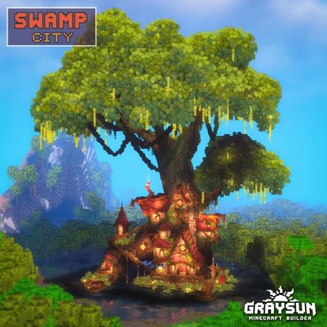 Minecraft Tree Village, Minecraft Tree Base, Swamp Builds Minecraft, Giant Tree Minecraft, Minecraft Swamp Build, Minecraft Trees Design, Minecraft Swamp, Swamp City, Massive Tree