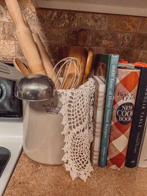 2 Gallon Crock Decor Ideas, Decorate With Crocks Rustic, Vintage Utensil Holder, Vintage Crocks Decorating With, Decorating With Antique Crocks, Decorating With Vintage Crocks, Homemaker Kitchen, Decorating With Crocks, Crock Ideas