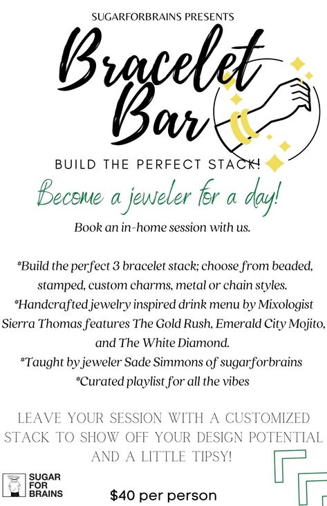 Bracelet Bar — sugarforbrains Build Your Own Bracelet Bar, Diy Bars, Bracelet Bar, Diy Bar, Custom Charms, Drink Menu, Emerald City, Bar Bracelets, Bracelet Stack