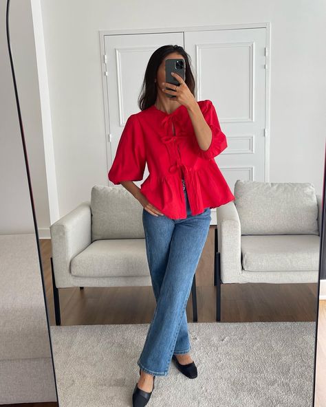 Red for summer with our puff sleeve tie top 🍒 Ref R9774 #OUTFITBOOK Red Puff Sleeve Top Outfit, Puffy Sleeves Top Outfit, Sleeves Top Outfit, Red Button Up Shirt Outfit, Tie Top Outfit, Puff Sleeve Top Outfit, Sleeve Top Outfit, Puffy Sleeves Top, Red Button Up Shirt