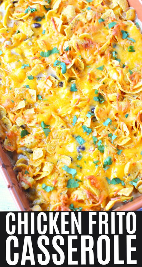 Chicken Frito Pie Recipe, Chicken Fritos Casserole, Frito Breaded Chicken, Fritos Chicken Casserole, Mexican Chicken Casserole With Fritos, Chicken Chili Frito Pie, Frito Casserole Recipes, Frito Mexican Casserole, Chicken Finger Casserole