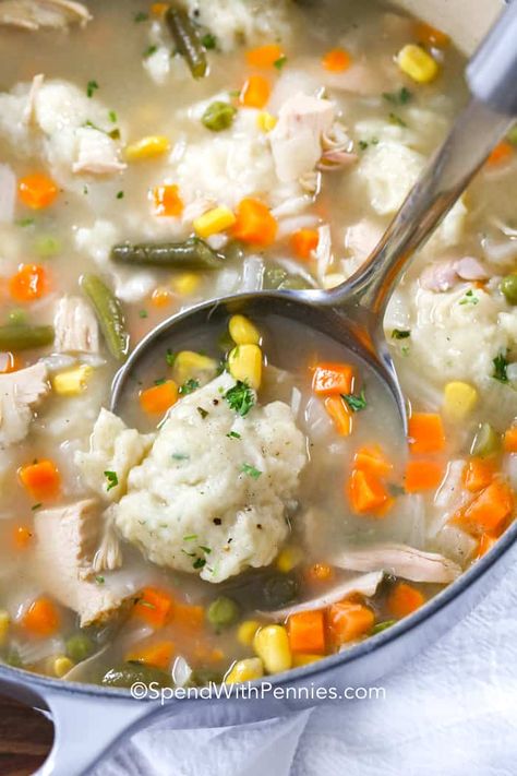 This leftover turkey soup is made from scratch using leftover turkey and vegetables from the holidays! With fluffy drop dumplings cooked right in the soup this homemade turkey and dumpling soup is so easy and delicious! #spendwithpennies #dropdumplings #turkeysoup #souprecipe #leftoverturkeyrecipe #maindish Chicken And Dumpling Soup, Soup With Dumplings, Turkey And Dumplings, Drop Dumplings, Leftover Turkey Soup, Warm Soup Recipes, Potato Nachos, Fall Eats, Dumpling Soup