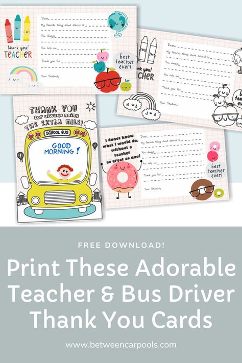 Part of giving a gift is the thought that goes behind it. And these thank you cards are full of thought! They’re guaranteed to make any teacher or driver smile. #freedownload #printable #coloringpage #thankyoucards Bus Driver Gifts, Thank You Printable, Teacher Thank You Cards, Free Thank You Cards, School Bus Driver, Printable Thank You Cards, Thank You Teacher Gifts, Best Teacher Ever, End Of School Year