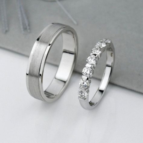 Get ready to take your relationship to the next level with these elegant and timeless wedding band sets! 💍 Made of solid 14K and 18K white gold and featuring natural, very slightly included (VS1) diamonds, these sets are perfect for engagements, weddings, or anniversaries. Personalize your bands now! #weddingbands #diamonds #solidgold #brideandgroom #eternallove  #eBay #Diamante #Handmade #Beauty #Eternity Wedding Rings For Him And Her Matching Set, White Gold Matching Wedding Bands, Matching Silver Wedding Rings, Husband And Wife Wedding Bands, Wedding Bands Him And Her, Couples Wedding Bands White Gold, Wedding Bands White Gold His And Hers, Bride And Groom Ring Sets, Wedding Bands His And Hers Silver