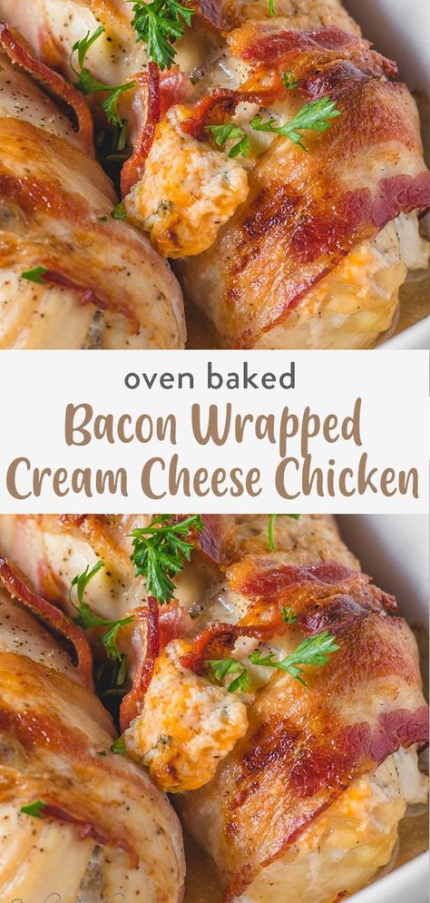 Bacon Wrapped Cream Cheese Chicken, Bacon Wrapped Cream Cheese, Bacon Wrapped Chicken Breast, Oven Baked Bacon, Cheese Stuffed Chicken, Wrapped Chicken, Baked Bacon, Cheese Chicken, Bacon Wrapped Chicken