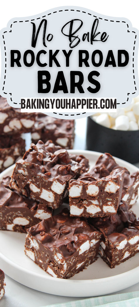 No Bake Rocky Road Bars, it only takes a few minutes to make these crispy, crunchy bites of peanut butter chocolatey gooey no bake bites! Rocky Road No Bake Cookies, Peanut Butter Rocky Road Bars, No Bake Chocolate Peanut Butter Rice Crispy Bars, No Bake Crunch Bars, Non Oven Desserts, No Bake Traybake Recipes, No Bake Bars Recipes, Peanut Butter No Bake Bars, Rocky Road Squares