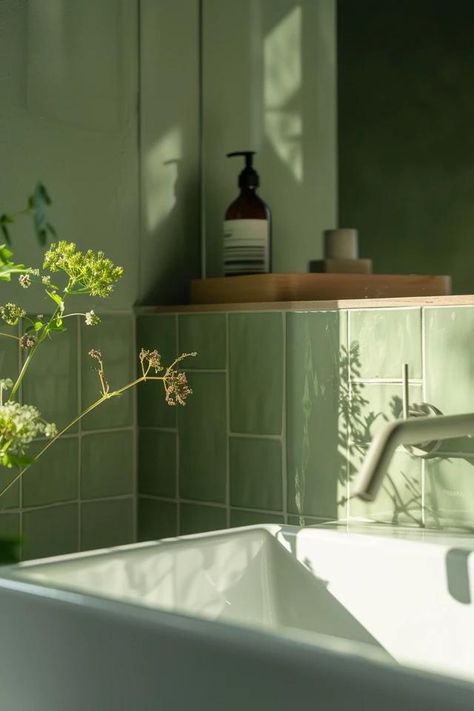 Fresh Light Green Bathroom Ideas for a Serene Space Light Green Tiles In Bathroom, Monochromatic Green Bathroom, Light Green Tile Bathroom, Green Painted Bathroom, Bathroom Light Green, Small Green Bathroom Ideas, Light Green Bathroom Ideas, Powder Room Green, Olive Bathroom