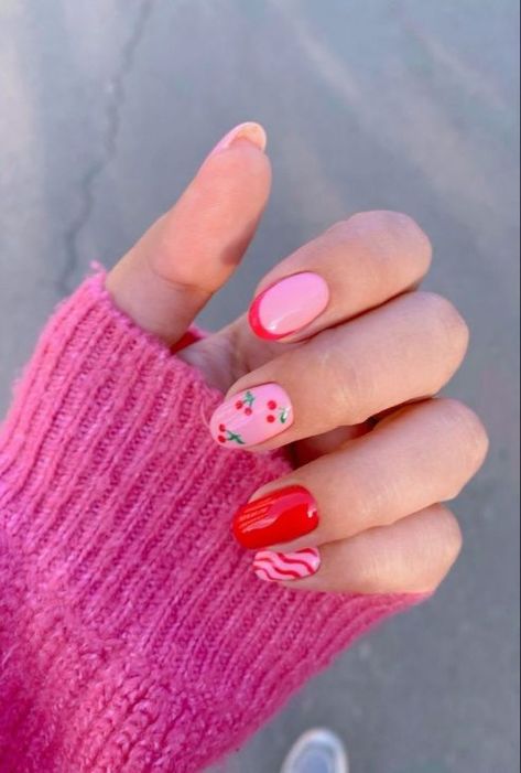 Summer Cherry Nails 2024: Your Ultimate Guide to Sweet Summery Manicures Valentines Nails With Cherries, Heart And Cherry Nails, Gel Nail Designs Cherry, Short Nail Designs Cherry, Cherry Valentines Nails, Nail Art Cherries, Valentines Cherry Nails, Simple Red Nail Art, Cherry Nail Art Design