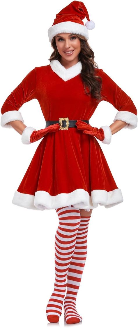 Amazon.com: VAPICK Mrs Claus Costume for Women 5PCS Plus Size Outfit Chirstmas Adult Velvet Santa Dress with Belt High Socks Hat Gloves : Clothing, Shoes & Jewelry Santa Claus Outfit Woman, Pantomime Outfits, Santa Dress Women, Mrs Claus Costume, Santa Claus Outfit, Santa Dress, Costume For Women, Santa Costume, Sox Hat