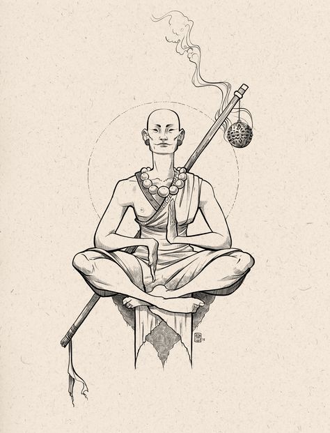 Monk Drawing Character Design, Monk Tattoo Design, Monk Sketch, Shaolin Tattoo, Monk Drawing, Monk Illustration, Monk Tattoo, Tranquility Tattoo, Monk Design