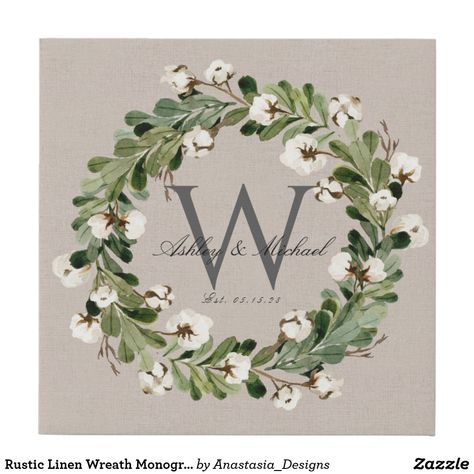 Cotton Boll Wreath, Watercolor Foliage, Monogram Printable, Monogram Wall Art, Linen Design, Monogrammed Linens, Cotton Boll, Foliage Wreath, Monogram Wall