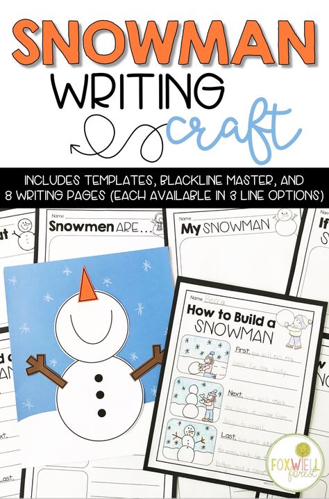 Snowman Writing Craft with 8 writing pages! Winter Writing First Grade, How To Build A Snowman, Snowman At Night Craft, Sneezy The Snowman Craft, Snowman Kindergarten, Snowman Writing Activity, How To Build A Snowman Writing, Snowman Writing Activities, Directed Drawing Kindergarten