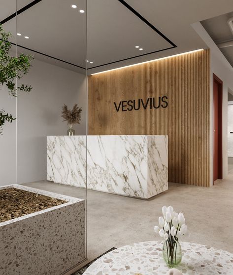 Riverside Office 230 on Behance Designer Reception Desk, Reception Area Lighting Ideas, Medical Office Front Desk Design, Hotel Reception Design Receptionist Desk, Small Office Reception Design, Reception Area Ideas, Stone Reception Desk, Modern Office Reception, Laminate Reception Desk