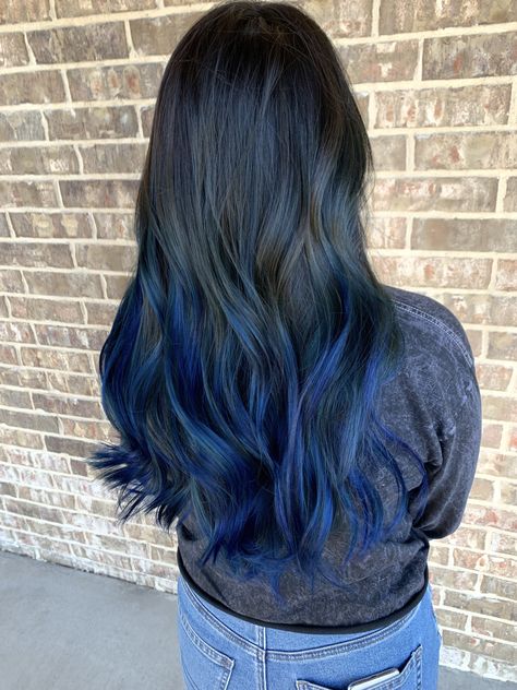 Dark Blue Ombre Hair, Brown Hair With Blue, Balayage On Dark Brown Hair, Blue Tips Hair, Blue Balayage, White Ombre Hair, Blue Brown Hair, Blue Hair Dark, Blue Hair Highlights