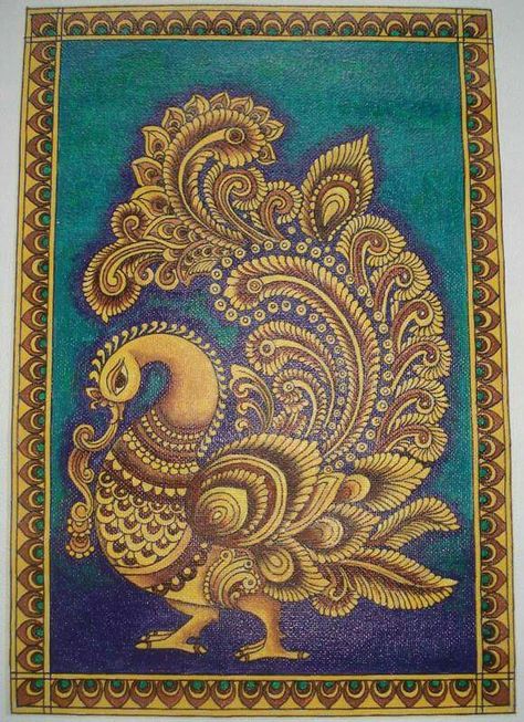 Kalamkari peacock Madhubani Paintings Peacock, Kalamkari Art, Kalamkari Designs, Saree Painting, Kalamkari Painting, Kerala Mural Painting, Art For Beginners, Peacock Painting, Batik Art